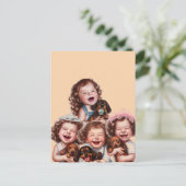 Schwestern und Dackel Welpen Postkarte (Stehend Vorderseite)