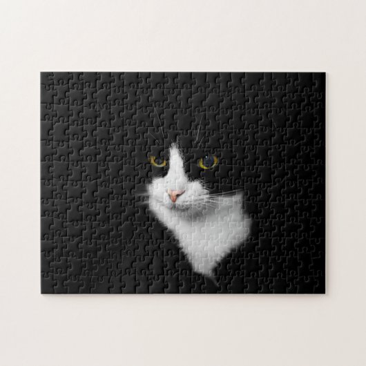 Schwierige Schwarz-Weiß-Katze auf solidem Schwarz Puzzle (Horizontal)