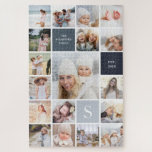 Schwieriges 18-Foto- und Familienmonogramm-Collage Puzzle<br><div class="desc">Dieses herausfordernde Foto-Puzzle mit 18 quadratischen Fotos,  die in einer Rastercollage angeordnet sind,  mit einem großen Bild und einem kleinen Rest. Ihr Single wird zunächst als Monogramm,  Familienname und Jahr angegeben und auf den schattigen und grauen Quadraten angezeigt. Ideal für Fotos oder Fotos.</div>