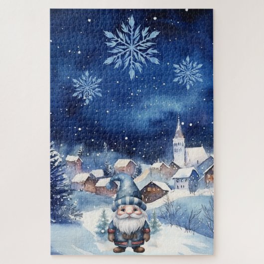 Schwieriges Blue Winter Weihnachtsdorf & Gnome Puzzle (Vertikal)