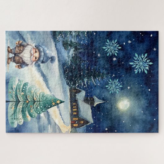 Schwieriges Blue Winter Weihnachtsdorf & Gnome Puzzle (Horizontal)