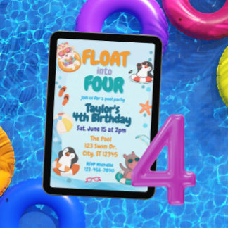 Schwimm hinein in Vier, Pool-Tiere 4. Geburtstag Einladung