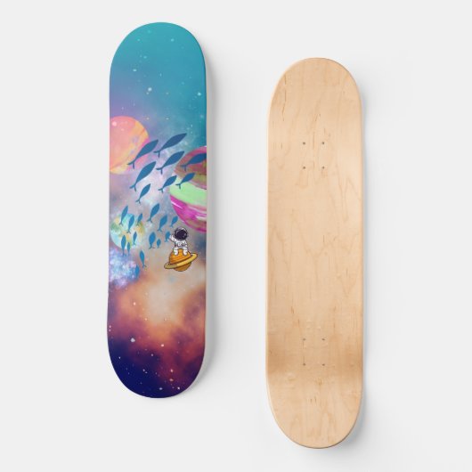 Schwimmastronaut, der im Weltraum fliegenden Fisch Skateboard (Vorderseite)