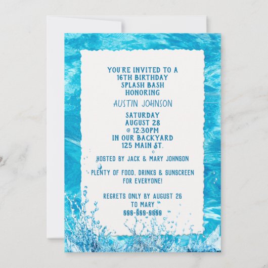 Schwimmbad 16. Geburtstagsparty Einladung (Rückseite)