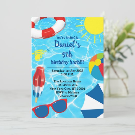 Schwimmbad Bash Geburtstagsparty Einladung (Stehend Vorderseite)