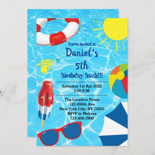 Schwimmbad Bash Geburtstagsparty Einladung (Vorne/Hinten)