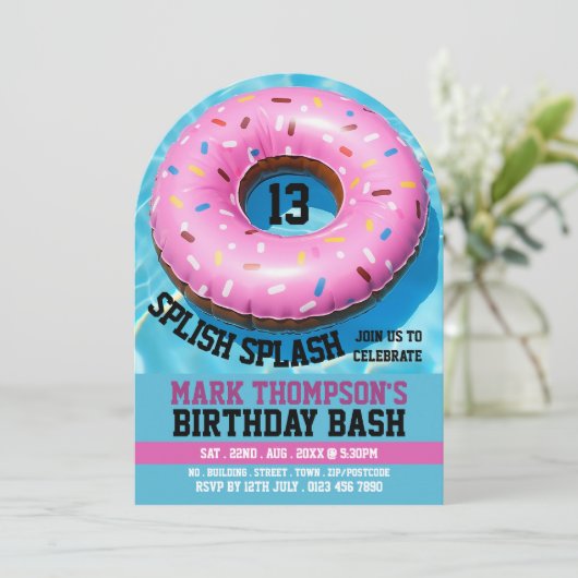 Schwimmbad Donut, Schwimmbad Party Geburtstag Einladung (Stehend Vorderseite)