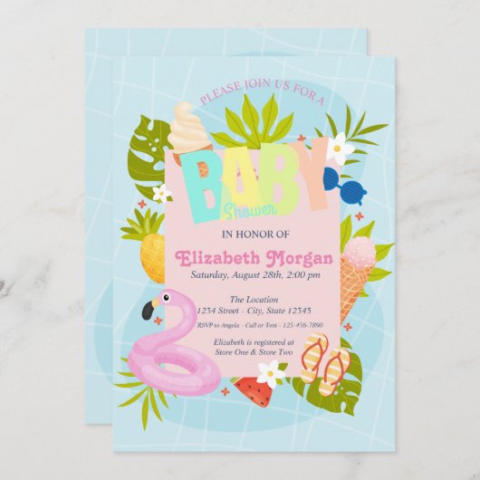 Schwimmbad Eiscreme Kinderdusche Einladung (Vorne/Hinten)