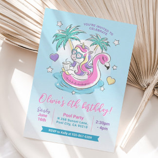 Schwimmbad Geburtstagsparty Einicorn Flamingo Trop Einladung