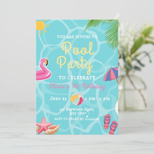 Schwimmbad Geburtstagsparty, Schwimmbad Kinder Par Einladung (Stehend Vorderseite)