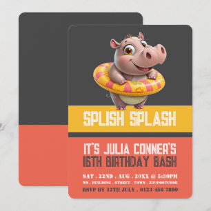 Schwimmbad Hippo, Schwimmbad Party Geburtstag Einladung