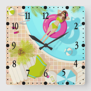 Schwimmbad Mädchen im Bikini Sommerstrand  Quadratische Wanduhr