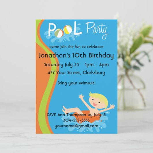 Schwimmbad Party Boy Blonde Einladung (Stehend Vorderseite)
