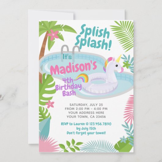 Schwimmbad Party Einicorn Einladung (Vorderseite)
