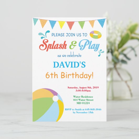 Schwimmbad Party Geburtstag Einladung Splish Splas (Stehend Vorderseite)