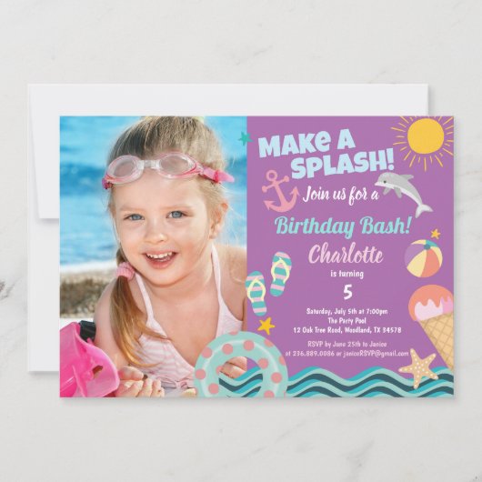 Schwimmbad Party Geburtstag Foto Einladung Mädchen (Vorderseite)