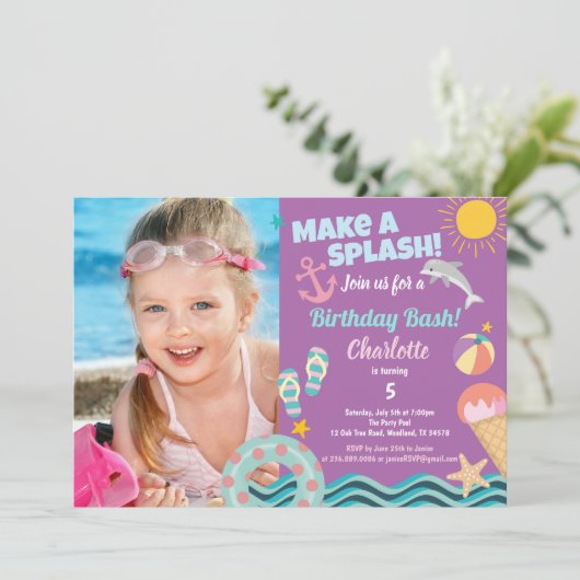 Schwimmbad Party Geburtstag Foto Einladung Mädchen (Stehend Vorderseite)