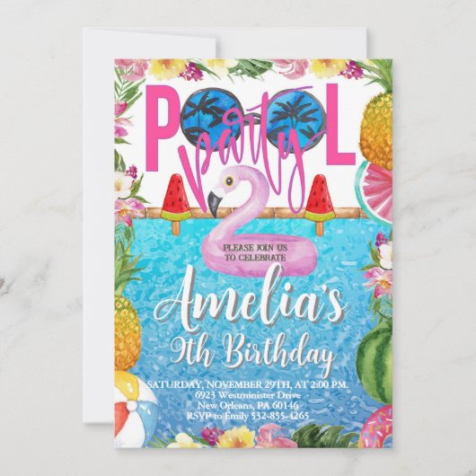 Schwimmbad Party Geburtstag, Party, jedes Alter Einladung (Vorderseite)