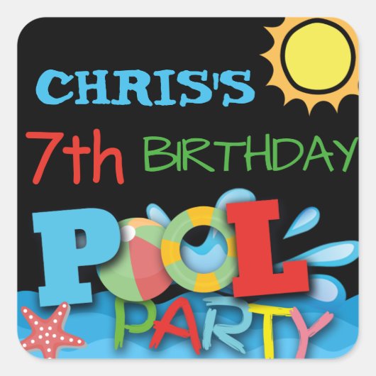 Schwimmbad Party Geburtstagsaufkleber Quadratischer Aufkleber (Vorderseite)