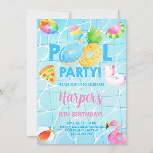 Schwimmbad Party Geburtstagseinladung Mädchen, Sch Einladung (Vorderseite)