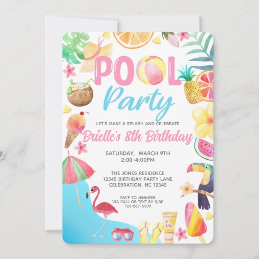 Schwimmbad Party Geburtstagseinladung - schwimmen Einladung (Vorderseite)