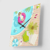 Schwimmbad Party Mädchen in Bikini Sommerstrand Quadratische Wanduhr (Winkel)
