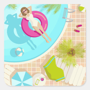 Schwimmbad Party Mädchen in Bikini Sommerstrand Quadratischer Aufkleber