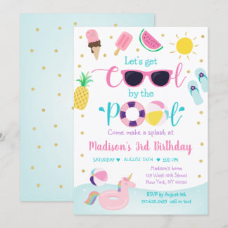 Schwimmbad Party Pink Gold Girl Geburtstag Einladung