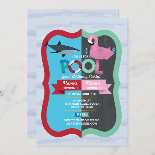 Schwimmbad Party Shark Flamingo Joint Junge Mädche Einladung (Vorne/Hinten)
