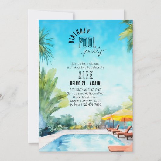 Schwimmbad Party Wasserfarbe jedes Alter Erwachsen Einladung (Vorderseite)