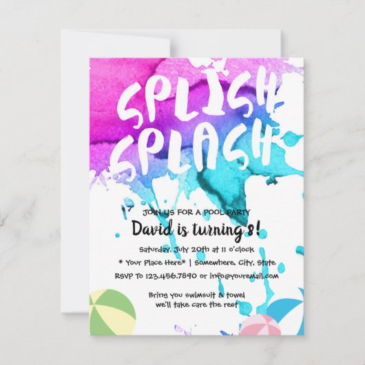 Schwimmbad Partys Aquarell Splish Splash Geburtsta Einladung (Vorderseite)
