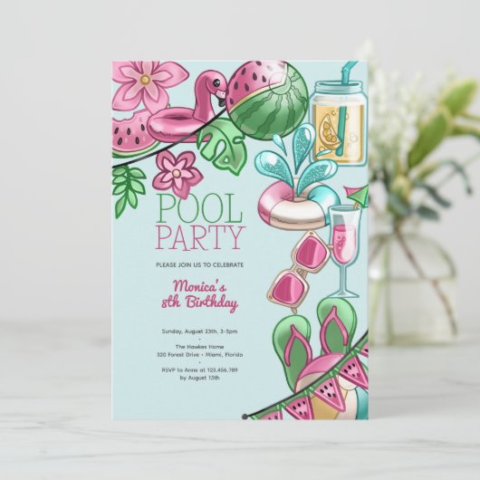 Schwimmbad Sommer Party Geburtstag Einladung (Stehend Vorderseite)