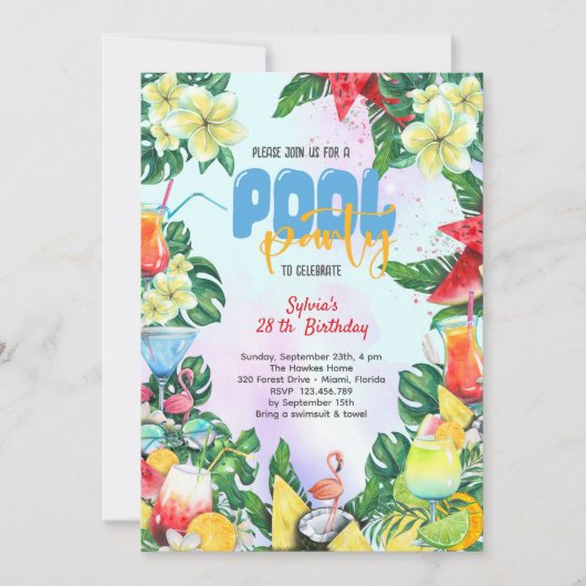 Schwimmbad Sommergetränke Geburtstag Erwachsenen P Einladung (Vorderseite)