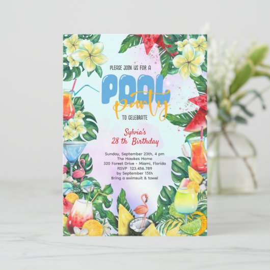 Schwimmbad Sommergetränke Geburtstag Erwachsenen P Einladung (Stehend Vorderseite)