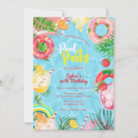 Schwimmbad Sommergetränke Geburtstag Erwachsenen P Einladung (Vorderseite)