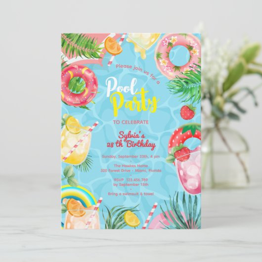 Schwimmbad Sommergetränke Geburtstag Erwachsenen P Einladung (Stehend Vorderseite)