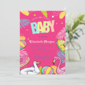 Schwimmbad Spielzeug Blätter Pink Baby Dusche Einladung (Stehend Vorderseite)