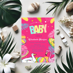 Schwimmbad Spielzeug Blätter Pink Baby Dusche Einladung