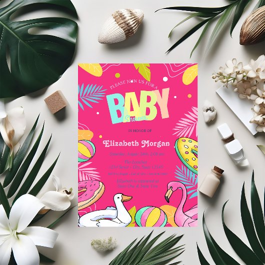 Schwimmbad Spielzeug Blätter Pink Baby Dusche Einladung