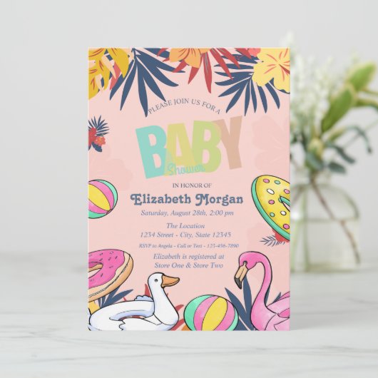 Schwimmbad Toys Blätter Hibiskus Kinderdusche Einladung (Stehend Vorderseite)