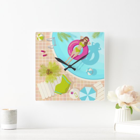 Schwimmbäder in Bikini Sommerstrand  Quadratische Wanduhr (Zuhause)