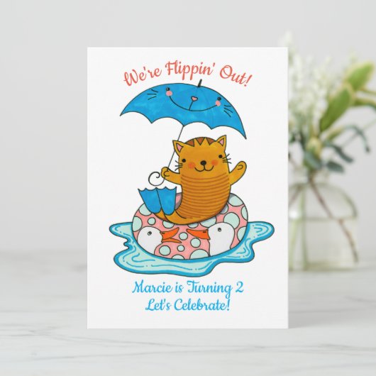 Schwimmbadkatze Geburtstagseinladung für Kinder (Stehend Vorderseite)