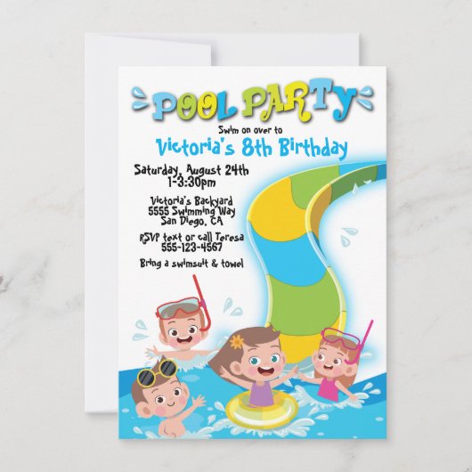 Schwimmbecken Waterslide Geburtstagsparty Einladung (Vorderseite)