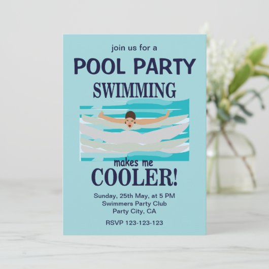Schwimmen macht mich Cooler Party im Schwimmbad Einladung (Stehend Vorderseite)
