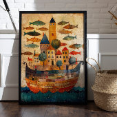 Schwimmende Burg auf einem Schiff Folk Art Poster
