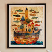 Schwimmende Burg auf einem Schiff Folk Art Poster