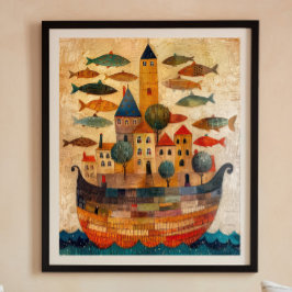 Schwimmende Burg auf einem Schiff Folk Art Poster