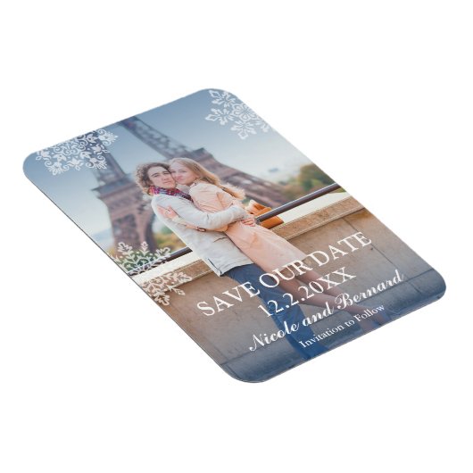 Schwimmende Schneeflocken Winter Foto Save the Dat Magnet (Rechte Seite)