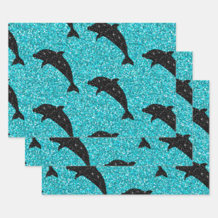 Schwimmender Delfin Schwarzer Glitter Ozean Tiere  Geschenkpapier Set