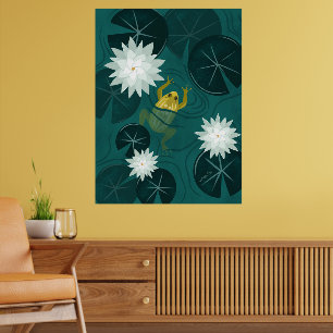 Schwimmender Frosch im Seerosenteich bei Nacht - P Poster